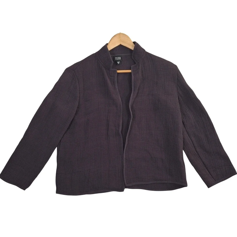 Eileen Fisher Open Front Jacket Womens XS Purple Silk Rayon Crinkle Gauze